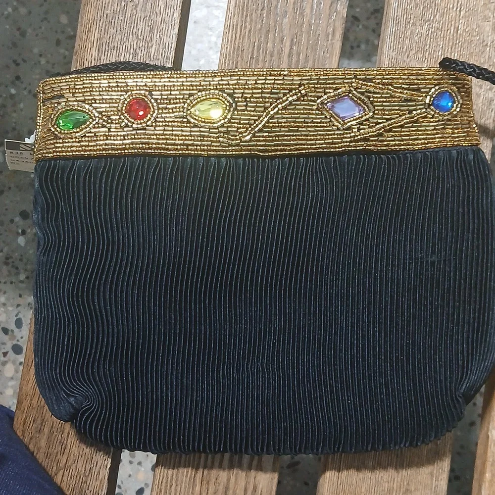 Vintage Michelle Stuart Handbag Purse Small Black Textured Beading & Jewels - Picture 3 of 4
